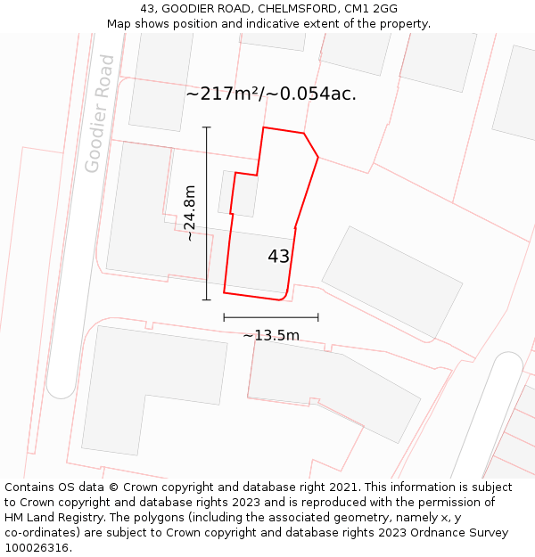 43, GOODIER ROAD, CHELMSFORD, CM1 2GG: Plot and title map