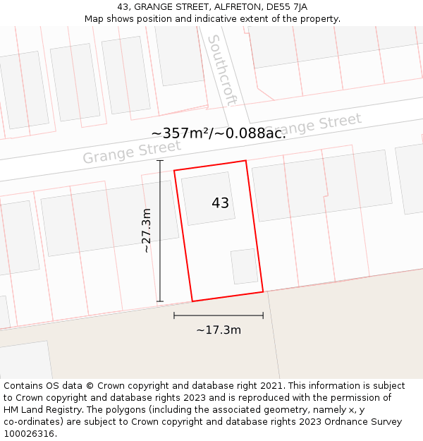 43, GRANGE STREET, ALFRETON, DE55 7JA: Plot and title map
