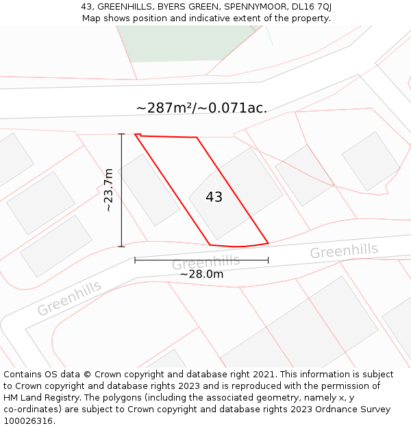 43, GREENHILLS, BYERS GREEN, SPENNYMOOR, DL16 7QJ: Plot and title map