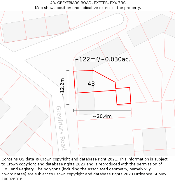43, GREYFRIARS ROAD, EXETER, EX4 7BS: Plot and title map