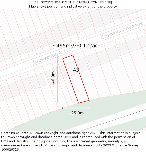 43, GROSVENOR AVENUE, CARSHALTON, SM5 3EJ: Plot and title map