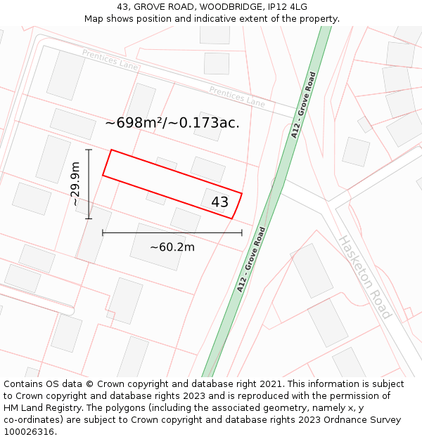 43, GROVE ROAD, WOODBRIDGE, IP12 4LG: Plot and title map