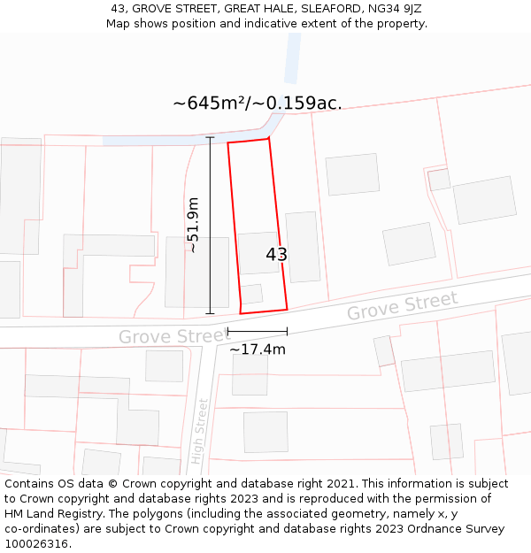 43, GROVE STREET, GREAT HALE, SLEAFORD, NG34 9JZ: Plot and title map