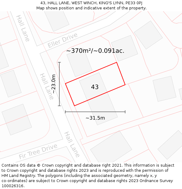 43, HALL LANE, WEST WINCH, KING'S LYNN, PE33 0PJ: Plot and title map