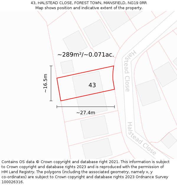 43, HALSTEAD CLOSE, FOREST TOWN, MANSFIELD, NG19 0RR: Plot and title map