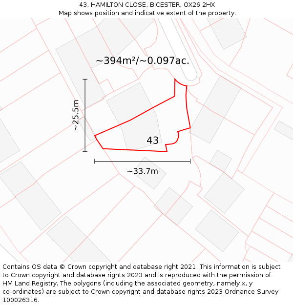 43, HAMILTON CLOSE, BICESTER, OX26 2HX: Plot and title map