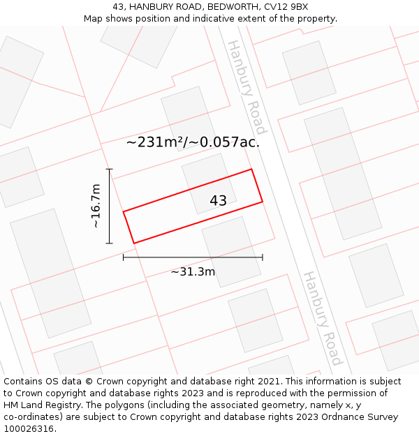 43, HANBURY ROAD, BEDWORTH, CV12 9BX: Plot and title map