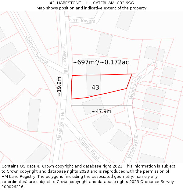 43, HARESTONE HILL, CATERHAM, CR3 6SG: Plot and title map