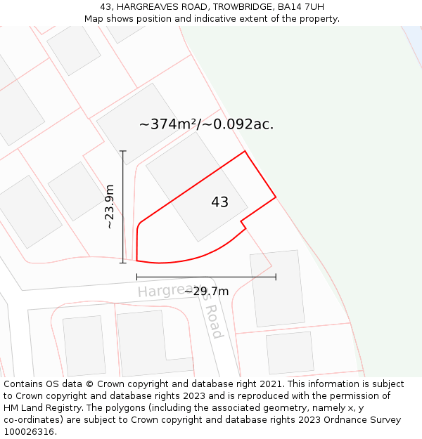 43, HARGREAVES ROAD, TROWBRIDGE, BA14 7UH: Plot and title map