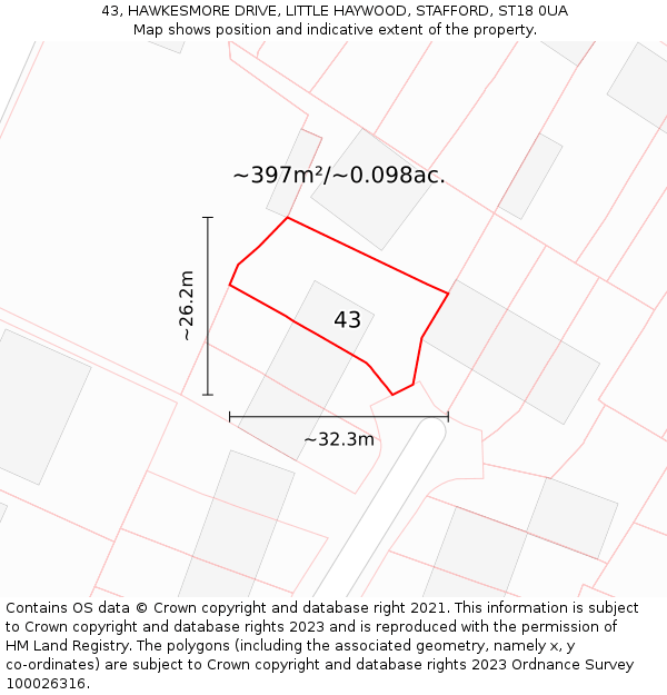 43, HAWKESMORE DRIVE, LITTLE HAYWOOD, STAFFORD, ST18 0UA: Plot and title map