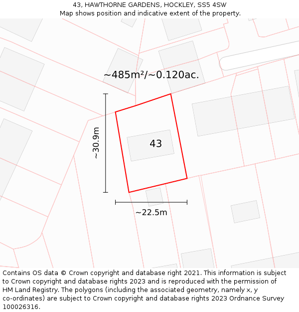 43, HAWTHORNE GARDENS, HOCKLEY, SS5 4SW: Plot and title map