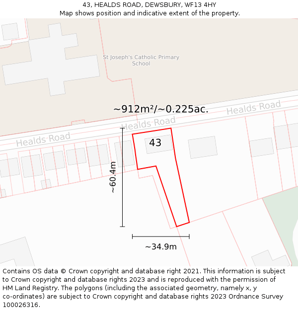 43, HEALDS ROAD, DEWSBURY, WF13 4HY: Plot and title map