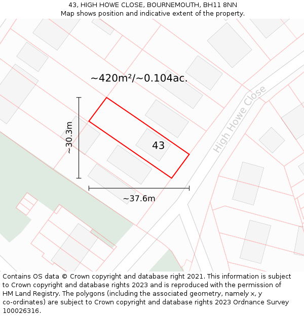 43, HIGH HOWE CLOSE, BOURNEMOUTH, BH11 8NN: Plot and title map