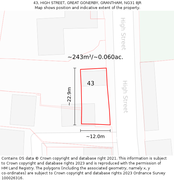 43, HIGH STREET, GREAT GONERBY, GRANTHAM, NG31 8JR: Plot and title map
