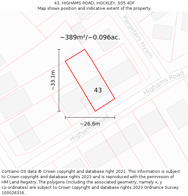 43, HIGHAMS ROAD, HOCKLEY, SS5 4DF: Plot and title map