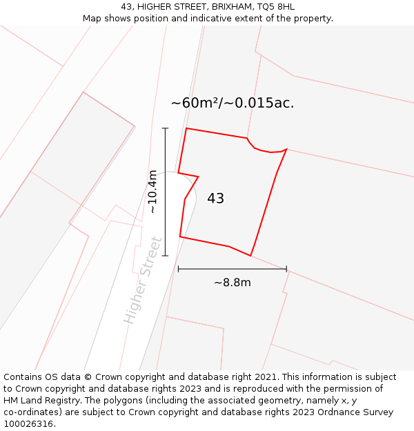 43, HIGHER STREET, BRIXHAM, TQ5 8HL: Plot and title map