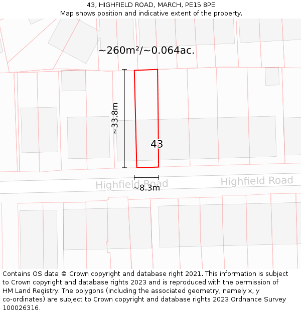 43, HIGHFIELD ROAD, MARCH, PE15 8PE: Plot and title map