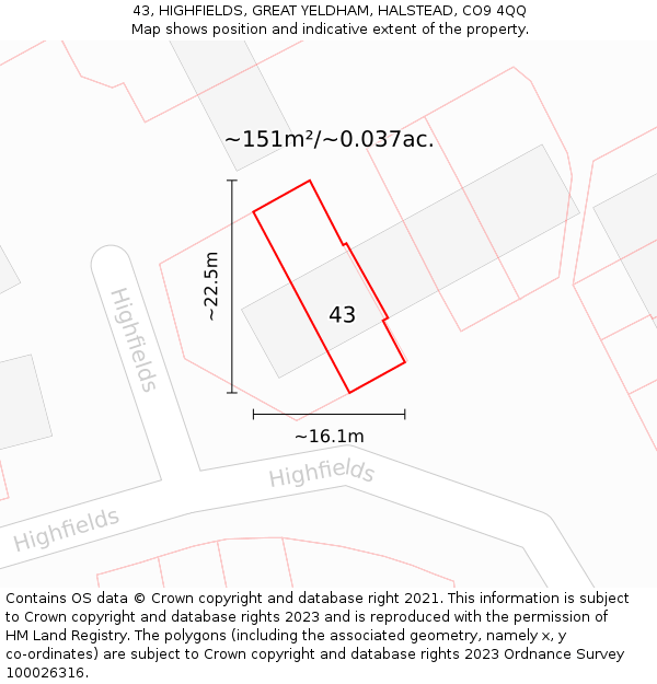 43, HIGHFIELDS, GREAT YELDHAM, HALSTEAD, CO9 4QQ: Plot and title map