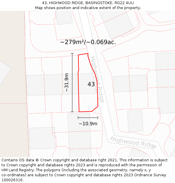 43, HIGHWOOD RIDGE, BASINGSTOKE, RG22 4UU: Plot and title map