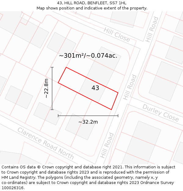 43, HILL ROAD, BENFLEET, SS7 1HL: Plot and title map