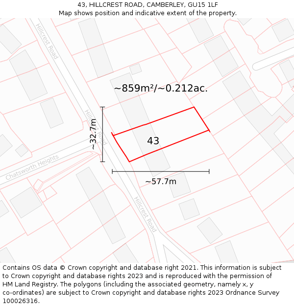 43, HILLCREST ROAD, CAMBERLEY, GU15 1LF: Plot and title map