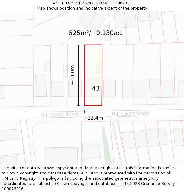 43, HILLCREST ROAD, NORWICH, NR7 0JU: Plot and title map