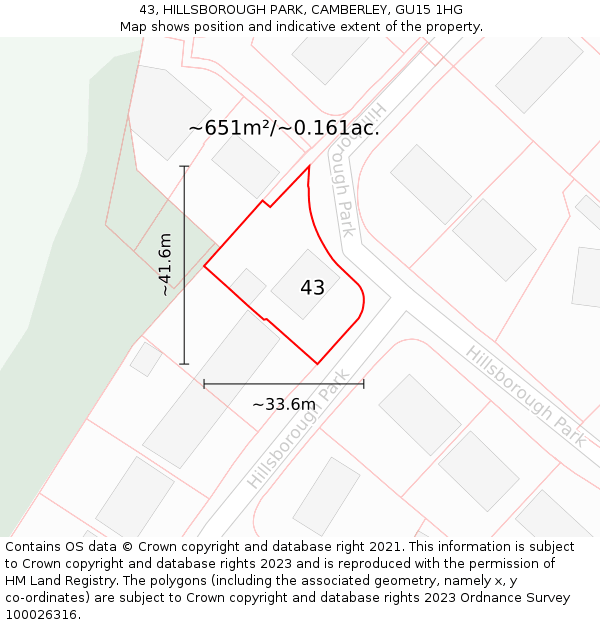 43, HILLSBOROUGH PARK, CAMBERLEY, GU15 1HG: Plot and title map