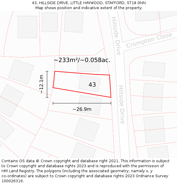 43, HILLSIDE DRIVE, LITTLE HAYWOOD, STAFFORD, ST18 0NN: Plot and title map