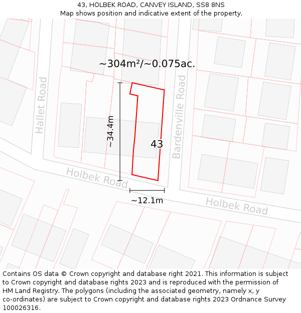 43, HOLBEK ROAD, CANVEY ISLAND, SS8 8NS: Plot and title map