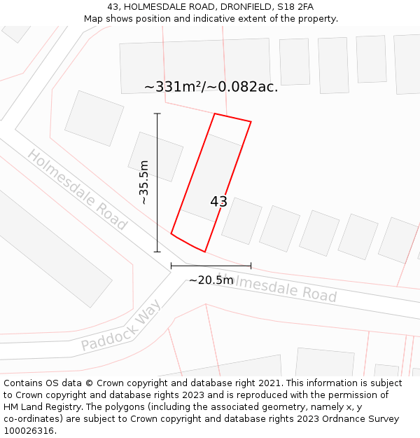43, HOLMESDALE ROAD, DRONFIELD, S18 2FA: Plot and title map