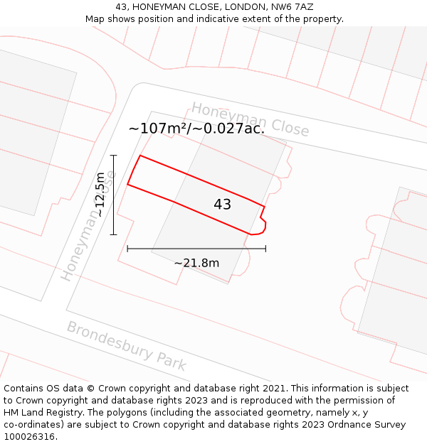 43, HONEYMAN CLOSE, LONDON, NW6 7AZ: Plot and title map