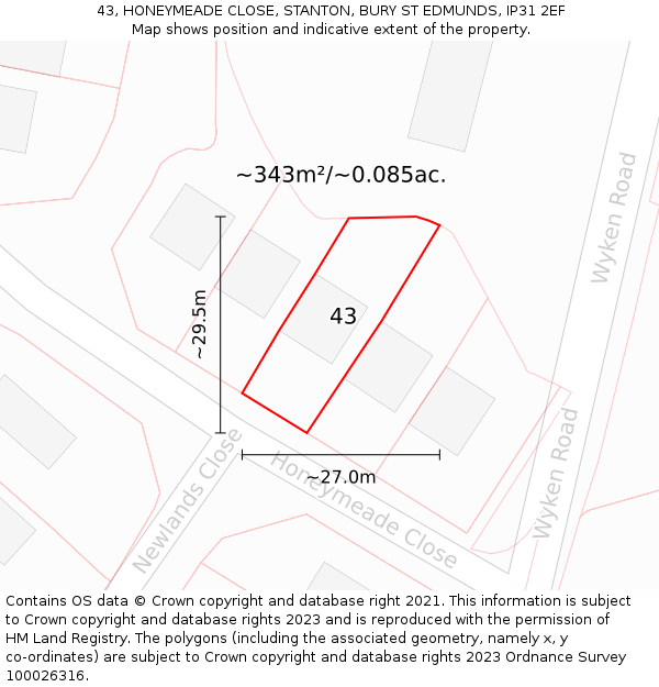 43, HONEYMEADE CLOSE, STANTON, BURY ST EDMUNDS, IP31 2EF: Plot and title map