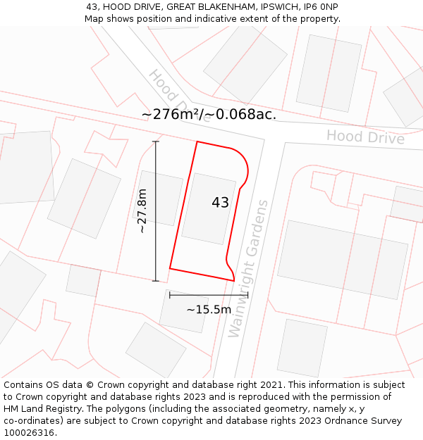 43, HOOD DRIVE, GREAT BLAKENHAM, IPSWICH, IP6 0NP: Plot and title map