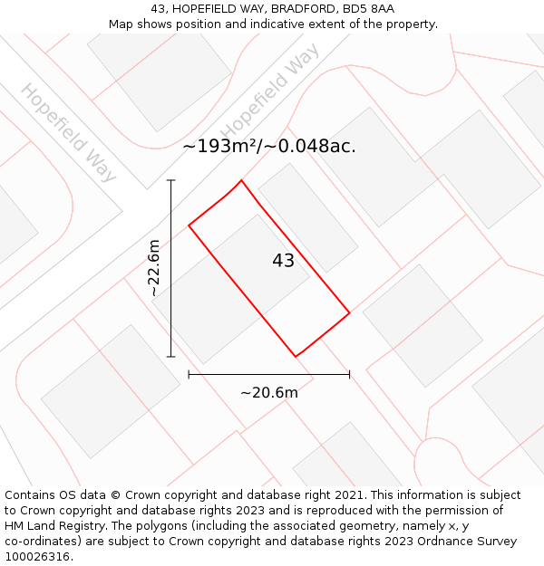 43, HOPEFIELD WAY, BRADFORD, BD5 8AA: Plot and title map