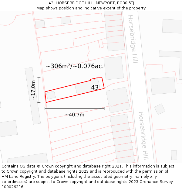 43, HORSEBRIDGE HILL, NEWPORT, PO30 5TJ: Plot and title map