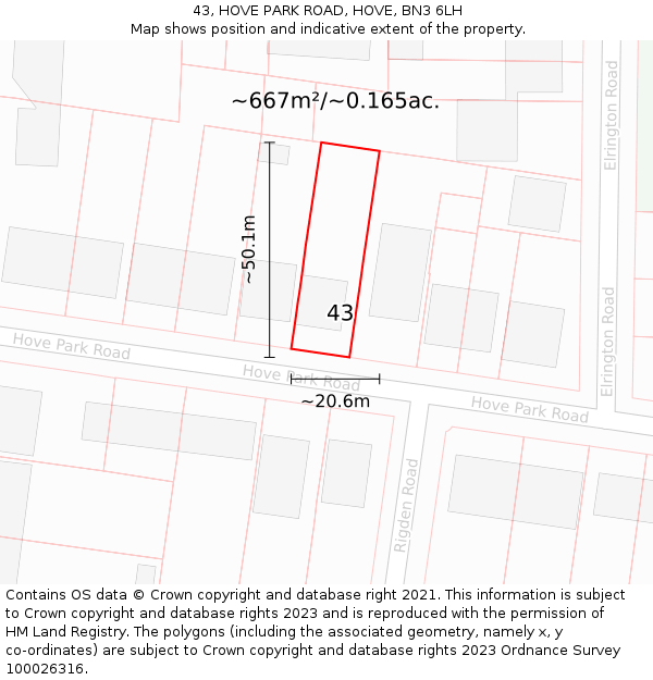 43, HOVE PARK ROAD, HOVE, BN3 6LH: Plot and title map