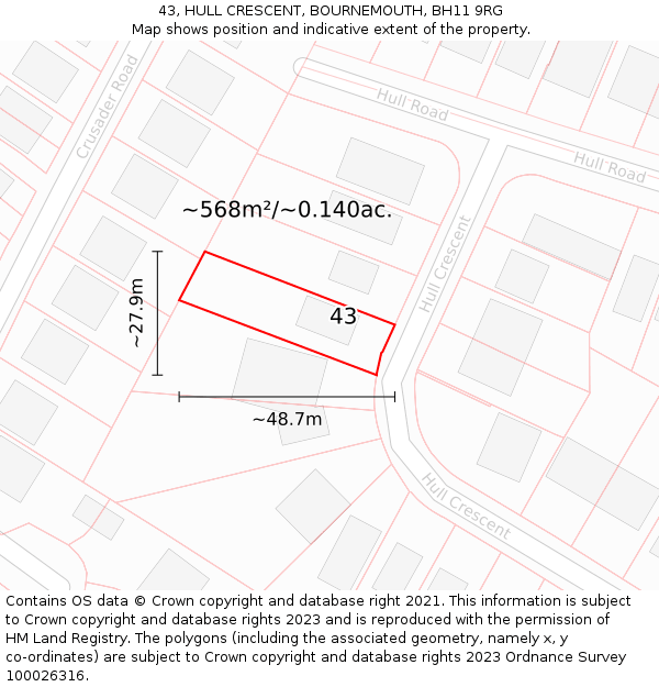 43, HULL CRESCENT, BOURNEMOUTH, BH11 9RG: Plot and title map