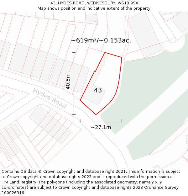 43, HYDES ROAD, WEDNESBURY, WS10 9SX: Plot and title map