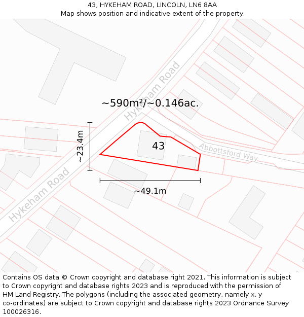 43, HYKEHAM ROAD, LINCOLN, LN6 8AA: Plot and title map