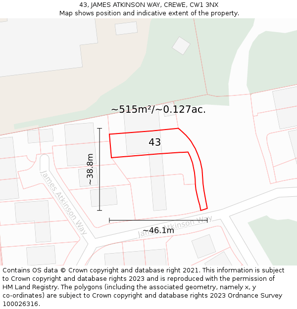 43, JAMES ATKINSON WAY, CREWE, CW1 3NX: Plot and title map