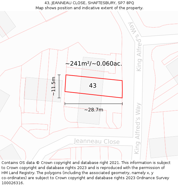 43, JEANNEAU CLOSE, SHAFTESBURY, SP7 8PQ: Plot and title map