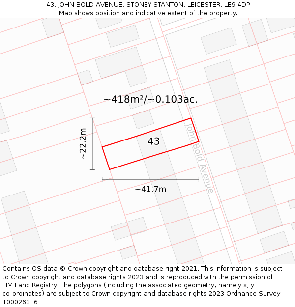 43, JOHN BOLD AVENUE, STONEY STANTON, LEICESTER, LE9 4DP: Plot and title map