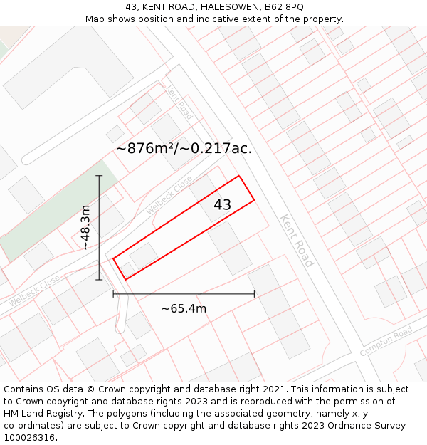 43, KENT ROAD, HALESOWEN, B62 8PQ: Plot and title map