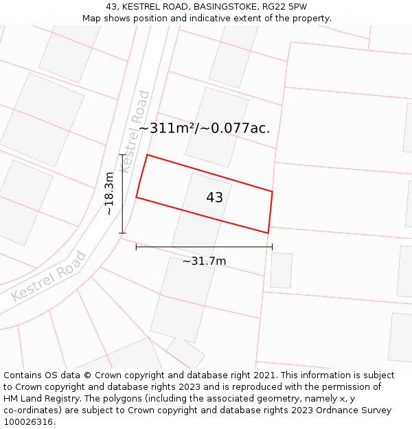 43, KESTREL ROAD, BASINGSTOKE, RG22 5PW: Plot and title map