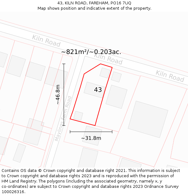 43, KILN ROAD, FAREHAM, PO16 7UQ: Plot and title map