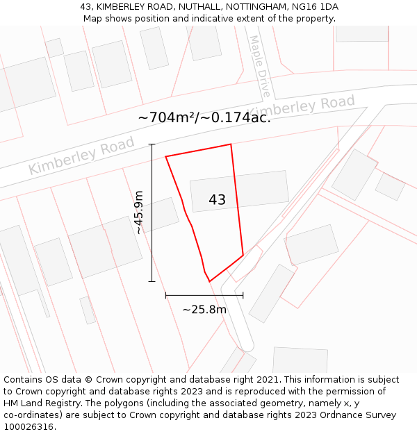 43, KIMBERLEY ROAD, NUTHALL, NOTTINGHAM, NG16 1DA: Plot and title map