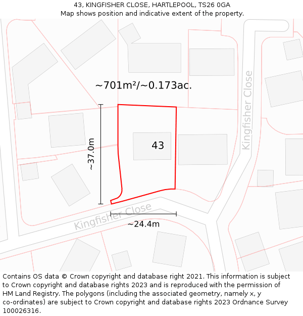 43, KINGFISHER CLOSE, HARTLEPOOL, TS26 0GA: Plot and title map