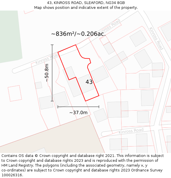 43, KINROSS ROAD, SLEAFORD, NG34 8GB: Plot and title map