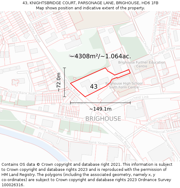 43, KNIGHTSBRIDGE COURT, PARSONAGE LANE, BRIGHOUSE, HD6 1FB: Plot and title map