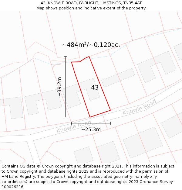 43, KNOWLE ROAD, FAIRLIGHT, HASTINGS, TN35 4AT: Plot and title map